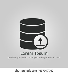 Vector illustration of database upload sign icon on grey background.