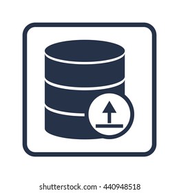 Vector illustration of database upload sign icon on blue round background.