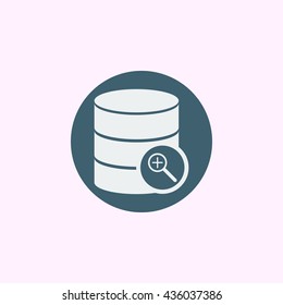 Vector illustration of database zoom in sign icon on blue circle background.