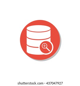 Vector illustration of database zoom in sign icon on red circle background.