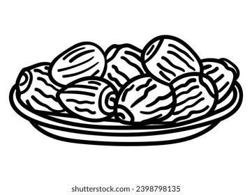 Vector Illustration of Date Fruit on bowl. Phoenix Dried Fruit. logo , line-art, hand-drawn, for web and print