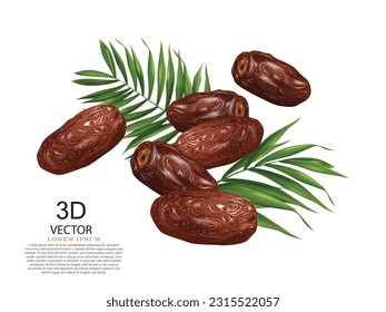 ilustraciones vectoriales dátiles con hojas de palma aisladas en el fondo blanco.delicioso concepto de frutos dátiles.