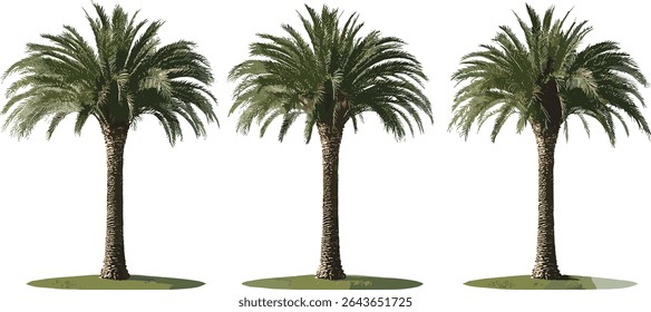 Vector illustration of date palm tree Phoenix dactylifera isolated on white, tropical foliage, desert flora, palm leaf, arid climate tree, botanical artwork.