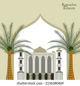 Vector illustration of date palms in front of the mosque for Ramadan banner