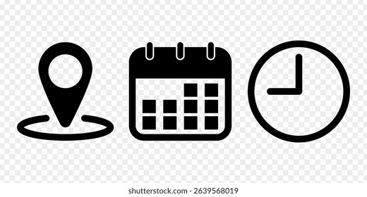 Vector illustration of Date, Time and Address icon set isolated on transparent background