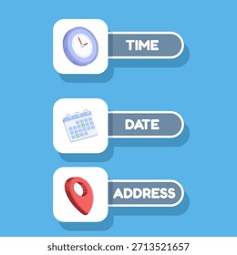 Ilustración vectorial de la fecha, hora y ubicación, que simboliza la programación de eventos, las notificaciones comerciales, los mensajes y el diseño plano de los Iniciar sesión informativos.