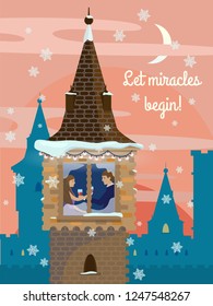 Vector illustration of romantiс date in a tower of fairytale castle. Couple in a tower with castle silhouette and sunset sky with moon and snow falling at the background.