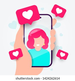 Vector illustration dating app on the phone. Online communication and connection. Searching for romantic relationship.