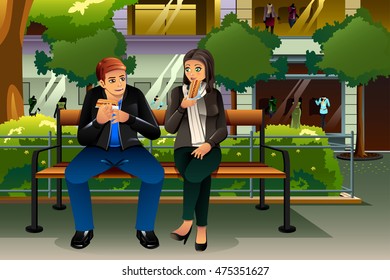 A vector illustration dating couple eating hot dog in the city
