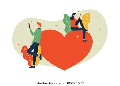 Vector illustration, dating online concept, man and woman sending love