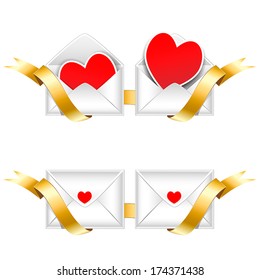 Vector illustration for dating service. Two envelopes bound with golden ribbon with heart postcards inside. Vector design element. Love letter for Valentine's day.