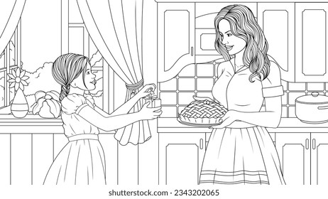 Vector illustration, daughter gives Mom a gift, helps to cook food, book coloring.