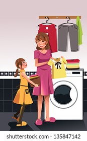 A vector illustration of daughter helping her mother doing laundry