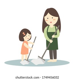 Vector illustration.  Daughter helps mother mop the floor.