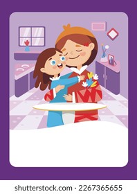 Vector illustration of a daughter hugging her mother. It can be used as a playing card, for children's development and learning.