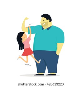 Vector illustration of daughter playing joyfully with big father by hanging on strong arm, character concept of happy father day. Flat and simple design. 