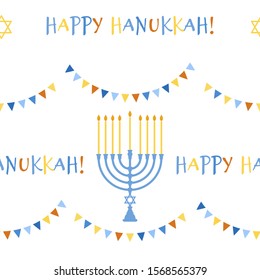 Vector illustration with David star, flags and menorah with candles for Happy Hanukkah holidays. Seamless pattern