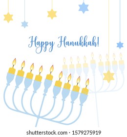 Vector illustration with David star and menorah with candles for Happy Hanukkah holidays. Square greeting card or postcard template