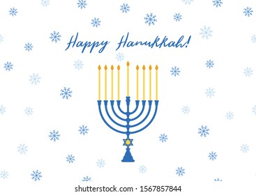 Vector illustration with David star, snowflakes and menorah with candles for Happy Hanukkah holidays. Greeting card or postcard template