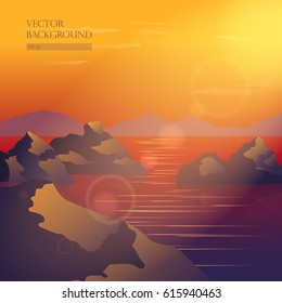 Vector illustration of a dawn. Mountains, sea and sunny warm light.