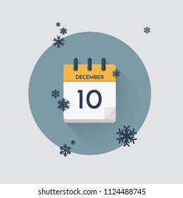 Vector illustration. Day calendar with date  December 10 and snowflakes. Winter month.