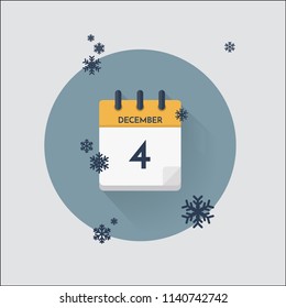 Ilustración vectorial. Calendario del día con fecha 4 de diciembre y copos de nieve. Mes de invierno.