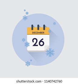 Vector illustration. Day calendar with date  December 26 and snowflakes. Winter month.