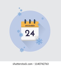 Ilustración vectorial. Calendario del día con fecha 24 de diciembre y copos de nieve. Mes de invierno.