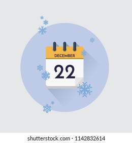 Vektorgrafik. Tageskalender mit Datum 22. Dezember und Schneeflocken. Wintermonat.