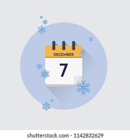Vektorgrafik. Tageskalender mit Datum 7. Dezember und Schneeflocken. Wintermonat.