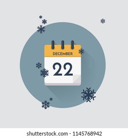 Ilustración vectorial. Calendario del día con fecha 22 de diciembre y copos de nieve. Mes de invierno.