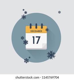 Ilustración vectorial. Calendario del día con fecha 17 de diciembre y copos de nieve. Mes de invierno.