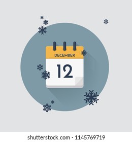 Vector illustration. Day calendar with date  December 12 and snowflakes. Winter month.