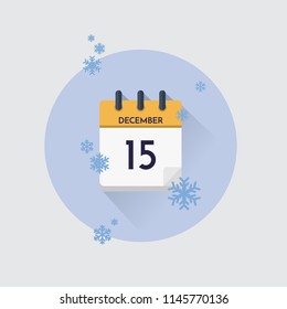 Vektorgrafik. Tageskalender mit Datum 15. Dezember und Schneeflocken. Wintermonat.
