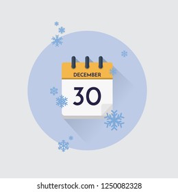 Ilustración vectorial. Calendario del día con fecha 30 de diciembre y copos de nieve. Mes de invierno.