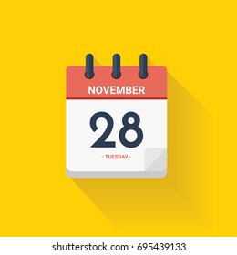 Ilustración vectorial. Calendario del día con fecha 28 de noviembre de 2017. Concepto de ciberlunes. Fondo amarillo