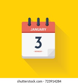 Vector illustration. Day calendar with date January 3, 2017. Yellow background