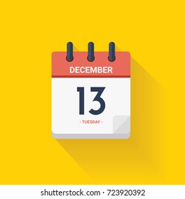 Ilustración vectorial. Calendario del día con fecha 13 de diciembre de 2017. Concepto de Hanukkah. Fondo amarillo