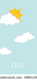 Vector illustration of day concept with clouds and sun in blue sky. Day background, wallpaper.