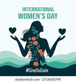Ilustración vectorial para el Día de la Mujer silueta oscura de una mujer sosteniendo corazones, adornado con flores. Texto motivacional Dar para ganar símbolo de generosidad, empoderamiento. Para caridad, bienestar, redes sociales