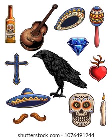 vector illustration of day of the dead elements crow sugar skull guitar liquor tequila samba sombrero candle mustache 