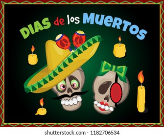 Vector illustration for the day of the dead. On a black green background with an inscription and a Mexican frame.