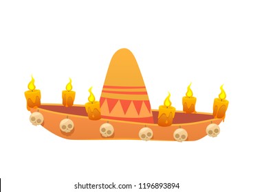 Vector illustration for the day of the dead sombrero with burning candles and skulls vector cartoon