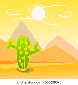 Vector illustration of a day in the desert, green cactus.