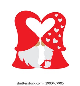 Vector illustration of Valentine’s day gnome in red dress kissing.