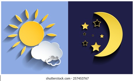 Vector illustration of day and night. 3d sun and moon. Vector eps10.