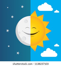 Vector illustration of day and night. Day night concept, sun and moon