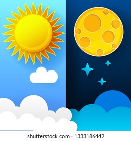 Vector Illustration Of Day And Night. Day Night Concept, Sun And Moon, Day Night 