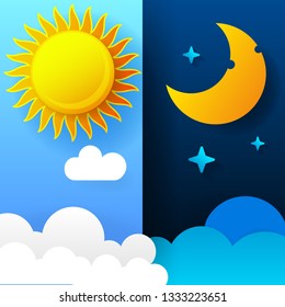 Vector Illustration Of Day And Night. Day Night Concept, Sun And Moon, Day Night Icon