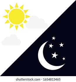 Vector Illustration Of Day And Night. Day Night Concept, Sun And Moon, Day Night Icon